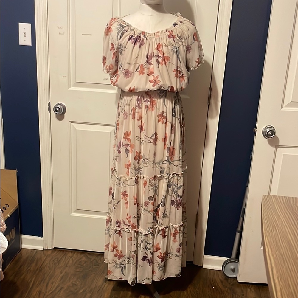 Cream Floral Ruffled Off-the-Shoulder Maxi Dress